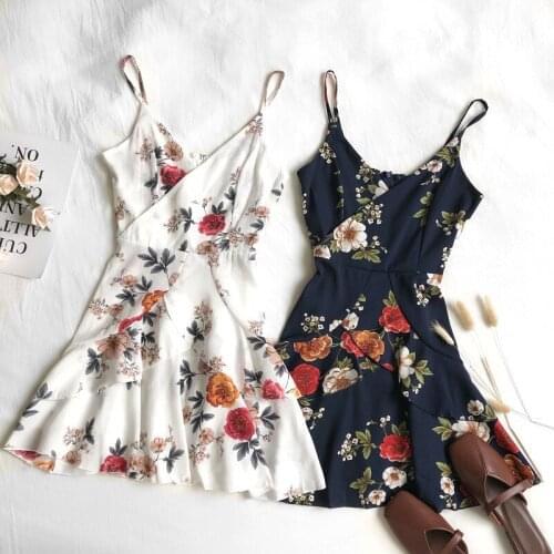 Summer Womens Dress Retro Korean V-neck Printed Ruffled Short Sling Dress New Waist Slim Feamle Dresses DE645