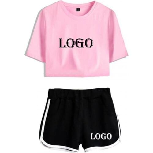Custom Logo Print Summer t Shirt Set Short Sleeve Crop Top + Shorts Sweat Suits Women Tracksuit Two Piece Outfits Summer Girl Se