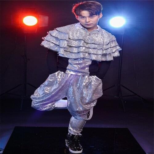 R55 Silver sequin male bodysuit dj singer wears stage prom dance costumes party clothe club outfits cloak Harem pants t-shirt