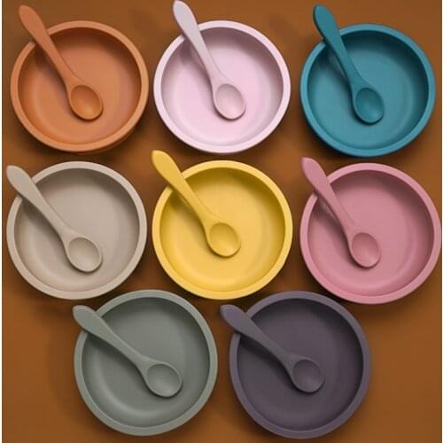 Solid Colour Kids Tableware Set Portable Baby Silicone Plate Bowl Toddler Feeding Sucker Infant Dishs With Silica Gel Spoon