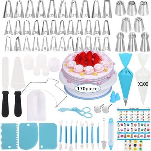 2021 New 170 Pcs/set Cake Decorating Set Stainless Pastry Nozzles Cake Turntable Set Confectionery Bag Baking Tools for Cakes