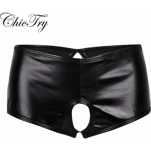Newest Female Women Lingerie Wetlook Faux Leather Crotchless Bikini Brief Underwear Underpants for Nightwear Clubwear Panties