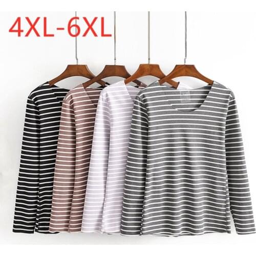 New 2021 Autumn Winter Plus Size Basic Tops For Women Large Long Sleeve Slim Elastic Keep Warm Black Stripe T-Shirt 4XL 5XL 6XL