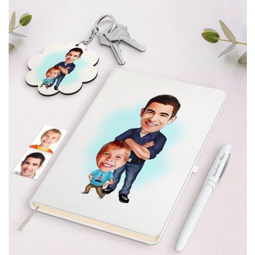 Personalized Father Son Caricature Of White Notebook pen And Keychain Gift Seti-2 Daily souvenir Gift Moment Reliable design