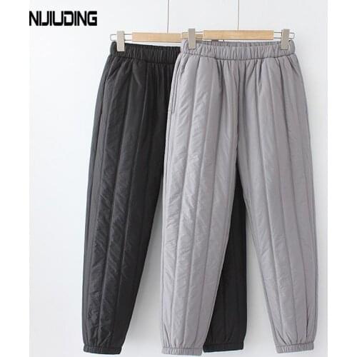 Plus Size 4XL Winter Cotton Down Pants Casual Women Thick Warm Striped Harm Pant With Pockets Female High Waist Long Troulsers