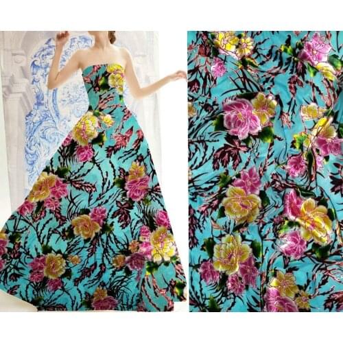 Silk velvet Fabric Handcut Cotton Fabric Velvet Satin Materials Jacquard Brocade blue flowers printed with white stone fabrics