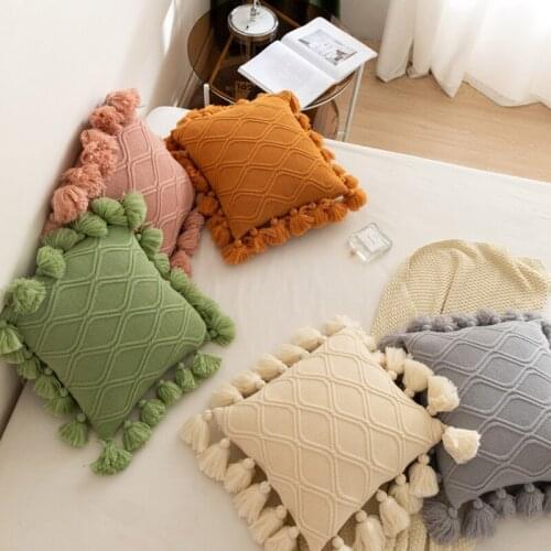 Nordic Moroccan Knitted Throw Pillow Case with Pompoms Tassel Boho Striped Cable Knit Solid Color Cushion Cover Decor