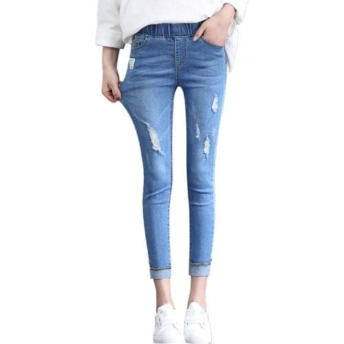 ZB1910 2020 new spring summer students women fashion Elastic waist nine-point Jeans girls' cheap wholesale
