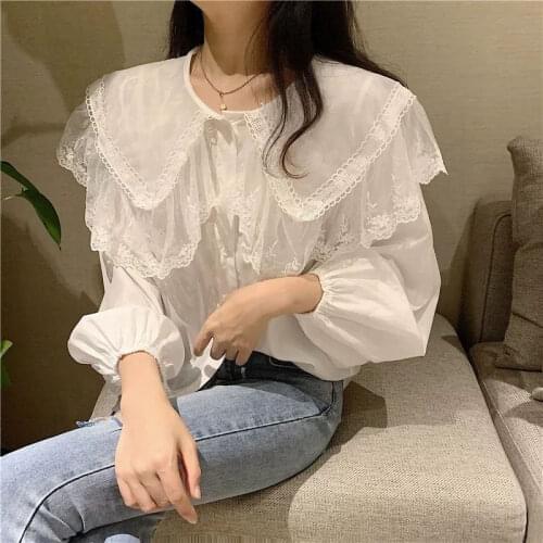 Women Blouse Fan Col Claudine Top Long Sleeve Lace Collar Shirt Blusas Ropa De Mujer