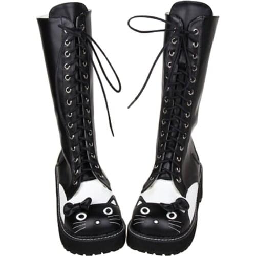 OLOMLB Womens Knee Thigh High Boots Round Cat Toe Lace Up Genuine Leather Chunky Heel Riding Lolita Cosplay Shoes Plus Size New