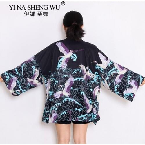 Summer Japanese Cardigan Traditional Japanese Kimono Blouse Crane Printed Women Harajuku Top Asian Costume Yukata Haori Obi Coat