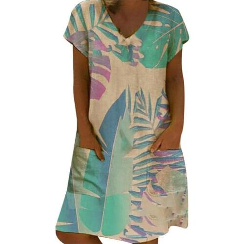 70% Hot Sell Women Casual Short Sleeve V Neck Leaf Print Pockets Loose Knee-length Dress