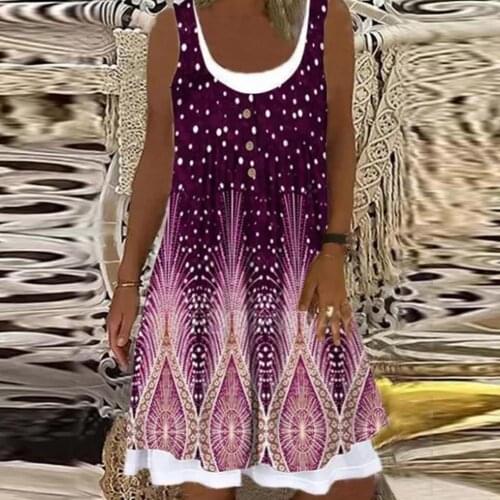 Plus Size Women Fashion Loose Casual sleeveless Floral print Fake two-piece Round neck Summer dress