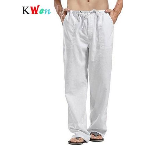 2020 Male Casual Corridors Elastic Waistline Waistline Sports Running Mens Trousers Linen Cotton Summer Pants Solid