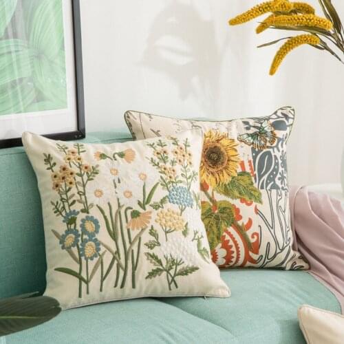 45x45cm embroidered chrysanthemum linen pillowcase cushion cover flower pattern waist pillow cover for backrest