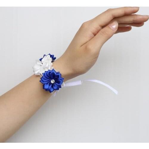 6pcs/lot Crystal Corsage Bracelet Satin Flowers Wrist Corsage Bridal Hand Flower Brooch Wedding Accessories Wrist Band SW0678-Z