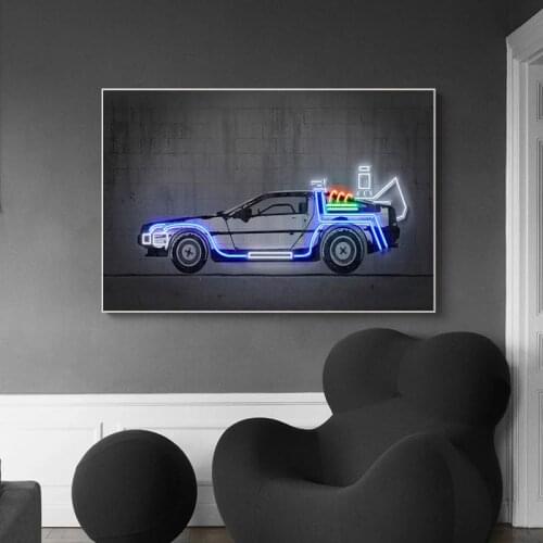 Vehicle Car Art Print Neon Canvas Painting Back To The Future Street Graffiti Wall Picture Nursery Poster Boy Gifts Decoration