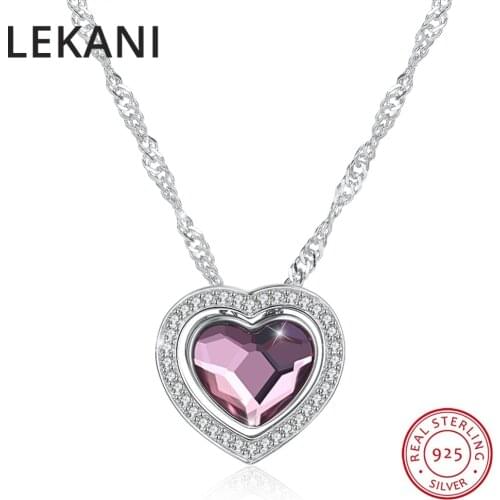 LEKANI Crystals From SWAROVSKI Heart Pendant Necklaces Real S925 Silver Fine Jewelry For Women Multiple Different Wearing Styles