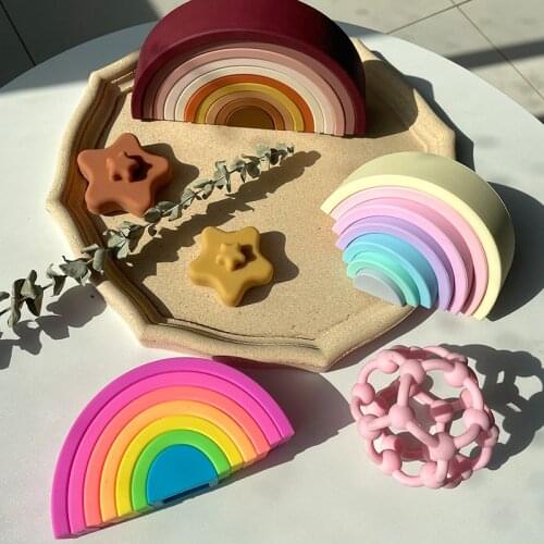 Baby Rainbow Building Blocks BPA Free Safety Edible Jenga Silicone Teether Stacking Rainbow Toy Montessori Educational Toys