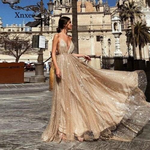 Spaghetti Strap Long Dress V Neck Sparkling Prom Long Dresses Sleeveless Formal Evening Party Gowns Backless Bestido De Clothes