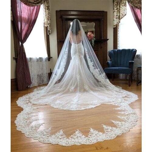 Hot Sale Cathedral Length Bridal Veils with Appliques In Stock Long Wedding Veils 2019 Vestido De Noiva Longo Wedding Veil