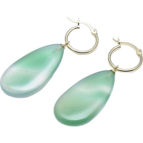 GuaiGuai Jewelry Natural Green Agate Dangle Gold Plated Circle Hook Earrings Handmade For Women