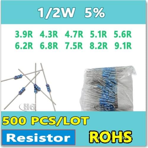 JASNPROSMA 500PCS/LOT 5% 1/2W 3.9R 4.3R 4.7R 5.1R 5.6R 6.2R 6.8R 7.5R 8.2R 9.1R carbon film DIP OHM Resistor
