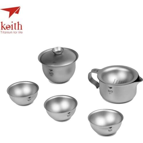 Keith Titanium 6Pcs In 1 Kong Fu Tea Set Portable Outdoor Camping Cup Drinkware Chinese Tea Set Ultralight Only 225g Ti3910