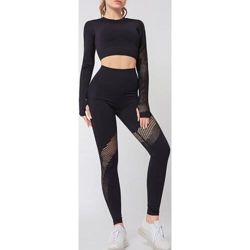 NORMOV Casual Women Sets Solid Mesh Hollow Out O Neck Long Sleeve Top High Waist Polyester Sets Red Patchwork Push Up Ladies Set