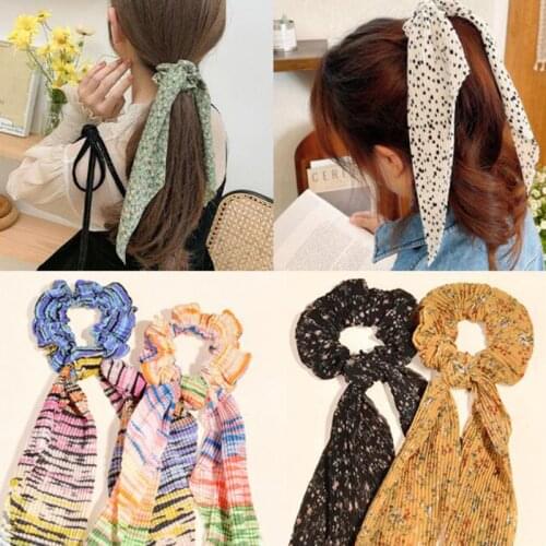 Print Ribbon Elastic Headbands Satin Long Silk Ribbons Ponytail Scarf Hair Bands Hair Bow Headbands Hair Accessories for Women