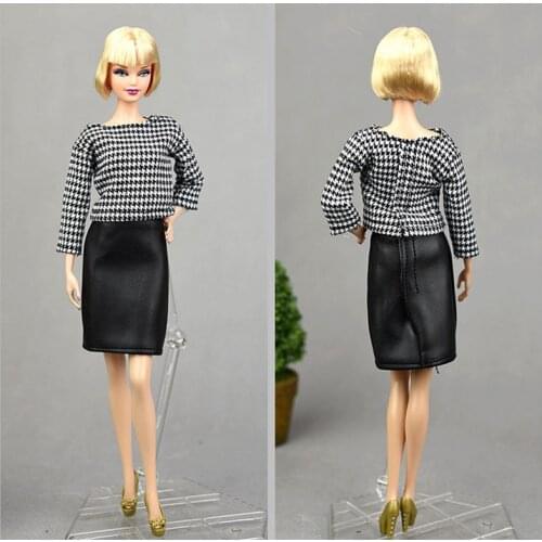 Fashion Houndstooth Long Sleeve Shirt Leather Skirt For Barbie Doll Clothes Set Handmade Outfits 1/6 BJD Accessory Kids DIY Toy