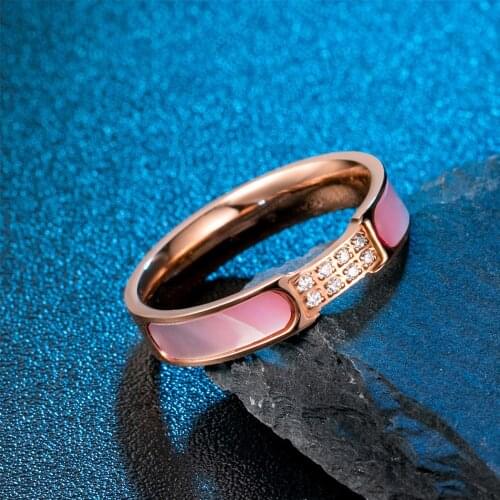 Fashion Elegant Shell Womens Ring Rose Gold Color Stainless Steel Ring withe CZ Zircon Wedding Female Jewelry