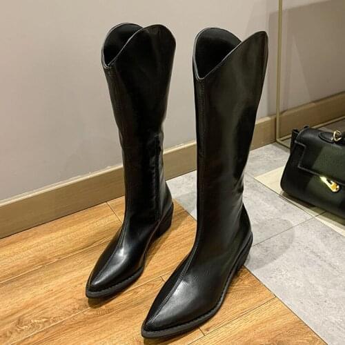 British Style Fashion Sexy Womens Long Boots Lady Riding Cowboy Boots Autumn Winter Pointed Toe Design Knee-High Female Shoes