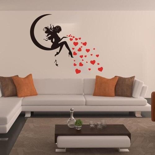 Cartoon Fairy Moon Heart Shoe Pin Up Girl Wall Sticker Kids Room Bedroom Fairy Moon Wall Decal Living Room Sofa Vinyl Home Decor