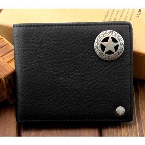 Mens Western Star Bifold Genuine Leather Card Coin Wallet Purse Black