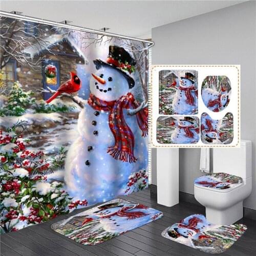 White Snowman Shower Curtain Set Christmas Printed Decor Home Festival Non-slip Toilet Seat Lid Cover Bath Mat With Hooks Home