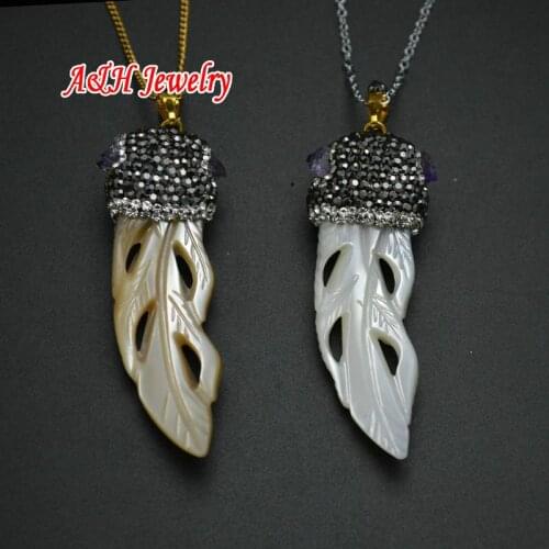 New Fashion Women Jewelry Natural Shell Hollow Out Carved Leaves Pendant Black Rhinestone Purple Crystal Paved Necklace 5pc/lot