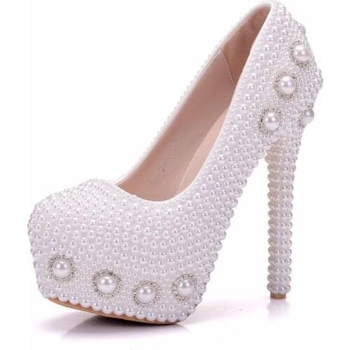 Shoes Women High Heels Wedding Shoes Party pearl Waterproof platforRound Toe Thin Heels 14 cm Wonen Pumps Fashion Office Shoes