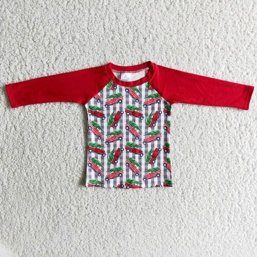 Drop Shipping Ready To Ship Kids Clothes Boy Red Long Sleeve Raglan Shirt With Christmas Tree