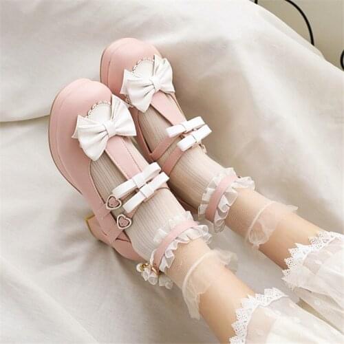 PXELENA Plus Size 34-45 Sweet Lolita T Strap Mary Janes Shoes Women Princess Bowknot Med Heels Dress Party Wedding Cosplay Pumps