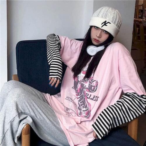 Pink Tshirt Women T Shirt Fake Two-piece Long-sleeved Female Student Personality Autumn Winter Korean Animation Printing