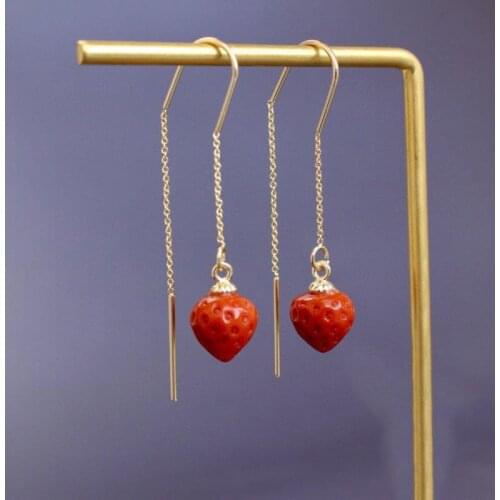 Natural South Red Agate Strawberry Hanging Earrings S925 Sterling Silver Spring Bird Tassel South Red Strawberry Fresh Elegant