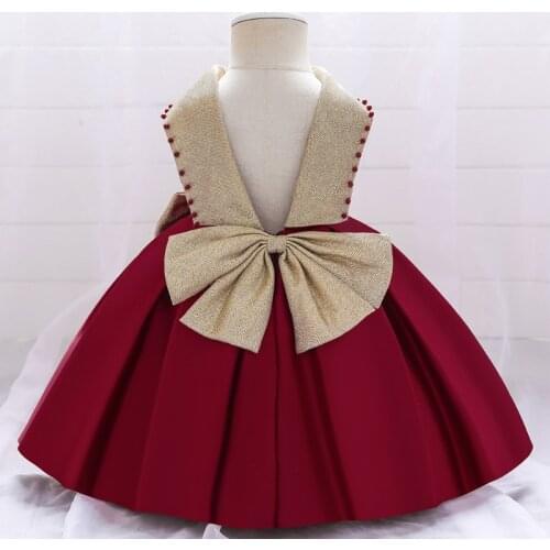 Wedding Satin Princess Baby Girls Dress Bead Bow Birthday Evening Party Infant Elegant Dress for Girl Gala Kid Pageant Clothes