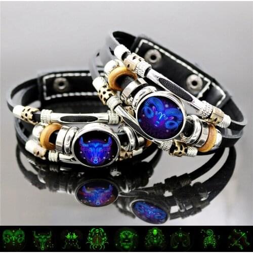 Luminous 12 Constellation Leather Bracelet Zodiac Signs Button Glow In The Dark Jewelry Multilayer Braided Punk Bracelet Bangle