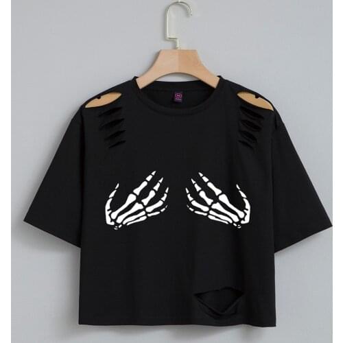 Gothic Black Skeleton Hand Print Cotton Crop Top Tshirt Women Tops Sexy Baggy Summer Tee Short Sleeve Girls T-shirt Cropped