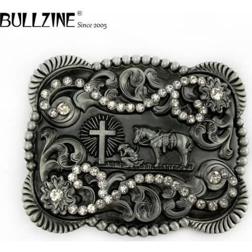 The Bullzine heavy horse rider belt buckle with rhinestones with pewter finish FP-03544 suitable for 4cm width belt