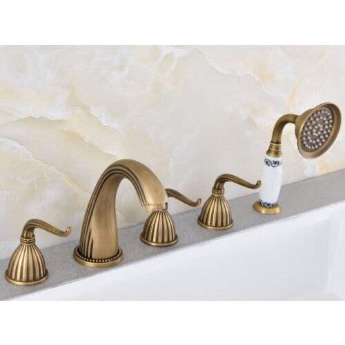 Vintage Retro Antique Brass Widespread 5 Holes Bathroom Roman Tub Bath Faucet with Telephone Style Hand Held Shower Head atf243