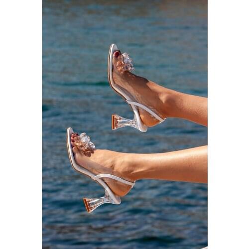 2021 Summer Womens Shoes Red Skin Bead Buckle Transparent Heeled Shoes 7.5 Cm Party Wedding Event Luxury Transparent Sandals