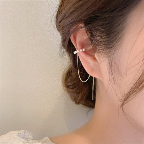 2021 New Pearl Clip Earrings For Women Simple Korean Long Chain Earring Golden ear Cuff Fashion boucle oreille femme Jewelry