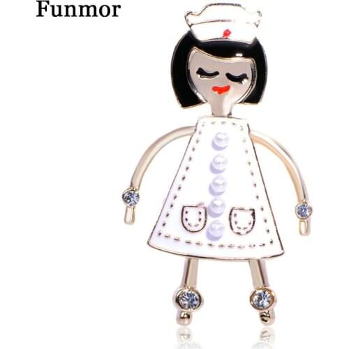 FUNMOR Lovely Smile Nurse Girl Shape Brooch Imitation Pearl Crystal Enamel Badge Women Party Collar Clips Scarf Uniform Bijoux